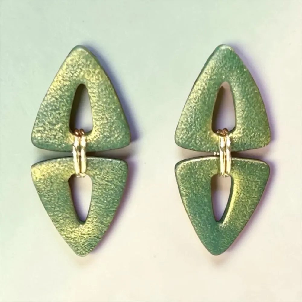 Polymer Clay Dangle Earrings Dark  Green & Gold Handmade Stainless Steel Posts